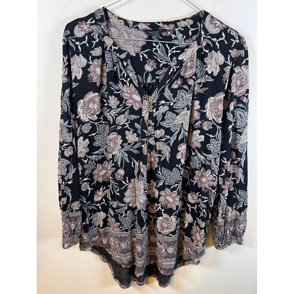 Lucky Brand Womens Blouse Floral Paisley Henley Black XL